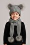 Gray Pompon Knitwear Scarf Beanie Set - 2