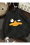 Girl's Black Hooded Duck Printed Embossed Sweatshirt