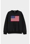 American Flag Printed Crew Neck Hoodless Cotton Oversize Black Sweatshirt