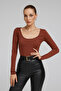 Women's Burgundy U Neck Long Sleeve Blouse - 4