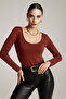 Women's Burgundy U Neck Long Sleeve Blouse - 2