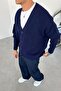 Navy Blue Buttoned V-Neck Relaxed Knitwear Cardigan - 3