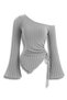 Women's Gray Long Sleeve Asymmetrical Neck Side Tie Ribbed Blouse