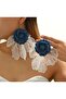 Denim Floral Lace Leaf Dangle Earrings – Navy/White, Hooked - 3