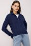 Wardrobe Essentials Lacivert Premium İplikDevrik Yaka Saç Örgülü Basic Triko Hırka | TWOAW26HI00137 - 2
