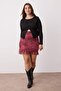 Bordo Çiçekli Mini Örme Büyük Beden Etek TBBAW26AZ00019