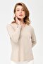 Women's V-Neck Sleeves Buttoned Glitter Blouse Beige - 4