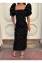 Square Neck Maxi Length Black Dress with Stone Detail - 4