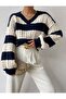 Navy Blue White Soft Textured Hair Braided V-Neck Knitwear Sweater - 4
