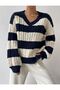 Navy Blue White Soft Textured Hair Braided V-Neck Knitwear Sweater - 3