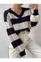Navy Blue White Soft Textured Hair Braided V-Neck Knitwear Sweater - 5