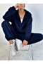 Navy Blue Hooded Zippered Thick Winter Oversize Women's Tracksuit Set - 4