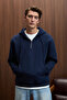 Justus Men's Hooded Kangaroo Pocket Zipper Collar Navy Blue Sweatshirt - 5