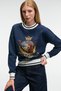 Vallune Women's Contrast Knitwear Embroidered Crop Navy Blue Sweatshirt with Hem Cuffs and Collar