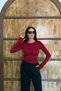 Bordo – Women's Crew Neck Blouse with Rose Accessories and Finger Loops - 4