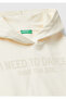 Girl's Ecru Sweatshirt with Text Printed on the Front and Long Hood on the Back - 3