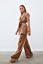 Shiny Patterned Casual Trousers - Brown - 2