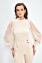 High Neck Chiffon Blouse with Sleeve Detail - Beige - 2
