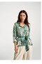 Women's Light Green 100% Viscose Belted Patterned Shirt - 5
