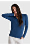 Women's Indigo Blue Basic V-Neck Long Sleeve T-Shirt