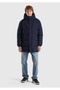 Men's Navy Blue Goose down Padded Side Pockets Hidden Zipper Hooded Long Coat