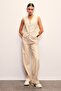 Ribbed Detailed Leather Trousers - Stone - 2
