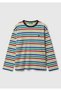 Boy's White Mix Striped Ribbed Long Sleeve T-Shirt with Logo Detail