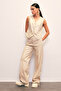 Ribbed Detailed Leather Trousers - Stone - 3