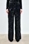 Wide Leg Sequined Trousers - Black - 5