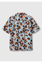 Men's Light Blue Cotton Linen Blended Pattern Bowling Collar Short Sleeve Shirt - 4