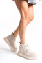 Suede Cream High Sole Lace-Up Women's Short Boots Bootie - 6