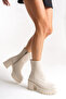Leather Look Side Zipper High Thick Heeled Winter Women's Cream Short Boots Bootie - 6
