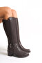Bitter Brown Leather Look Stretchy Back Flexible Thick High Heels Buckle Detailed Zippered Long Boots - 5