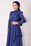 Taft Satin Hijab Evening Dress with Stone Embroidered Pleats and Flywheel Detail K. Indigo 1215 - 3