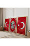 Wooden Framed Red Background White Patterned Ottoman Tughra Triple Wooden Painting Set - 2