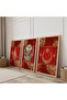 Wooden Framed Red Background Gold Patterned Ottoman Tuğra Triple Wooden Painting Set - 2