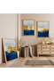 Wooden Framed Gold and Blue Waves Triple Wooden Painting Set