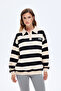 Polo Neck Striped Oversize Sweatshirt Beige - 4