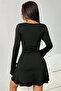 Lace Detailed Shirred Double Breasted Neckline Long Sleeve Black Mini Dress E9073 - 6