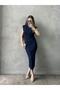 Women's Navy Blue Stone Detailed Padded Shoulders Midi Dress