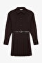 Pleated Belted Mini Shirt Dress Brown - 2