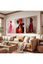 Wooden Framed Red-Dressed Woman Themed Triple Wooden Painting Set - 4