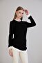 Women's Gathered Side Asymmetrical Sleeve Collar Skirt Detail Black Modal Blouse - 7