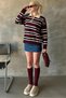 Striped Buttoned Polo Neck Women's Knit Sweater - 3