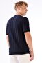 Navy Blue Striped Pattern Short Sleeve Slim Fit Men's Knitwear - 2