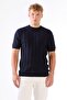 Navy Blue Striped Pattern Short Sleeve Slim Fit Men's Knitwear