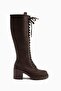 Bella Brown Lace-Up and Zippered Oval Toe Heeled Women's Boots