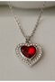 Silver Color Steel Chain Red Heart Stone Women's Necklace - 5