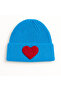 BLUE WOOLED BEANIE SILVERY RED HEART PUNCH PATTERNED HAT - 3