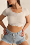 Women's Stone Square Neck Front Gathered Crop Blouse Hzl23S-Snd120151 - 3